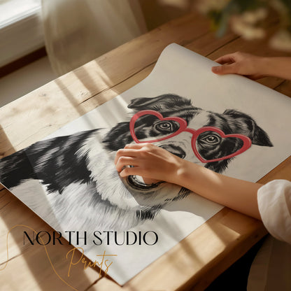 Premium Poster of Black and White Dog With Heart Glasses Art Posters