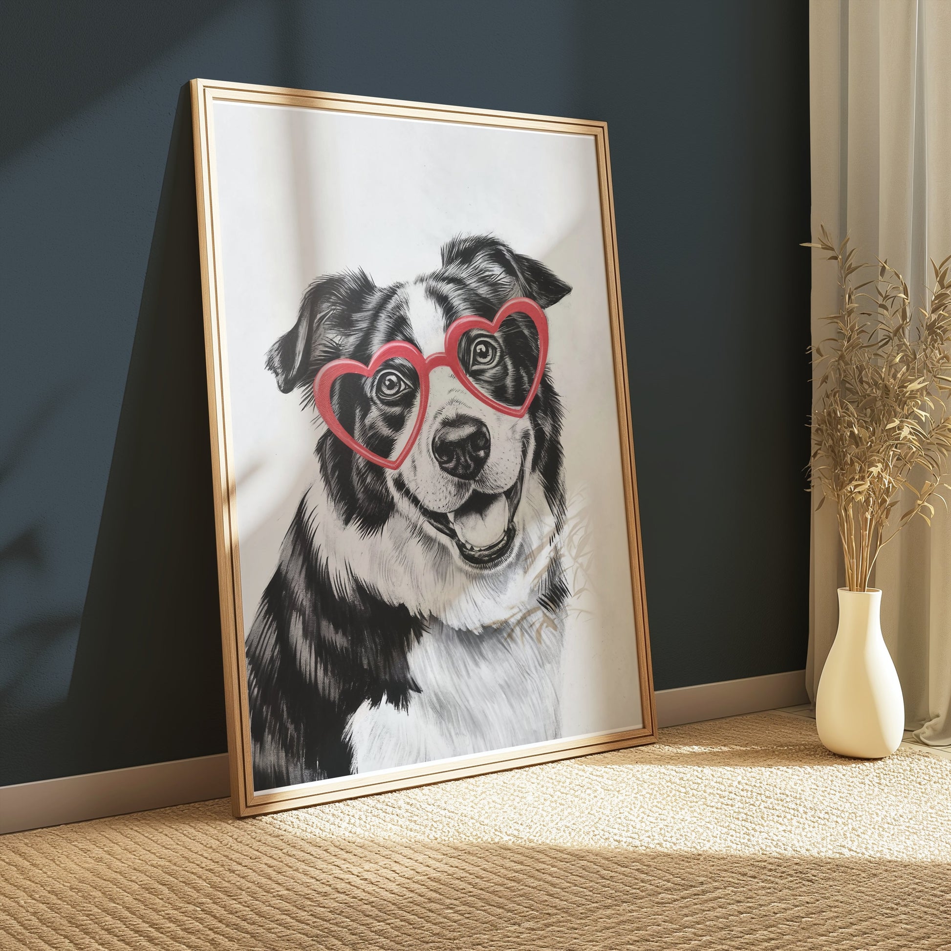 Premium Poster of Black and White Dog With Heart Glasses Art Posters