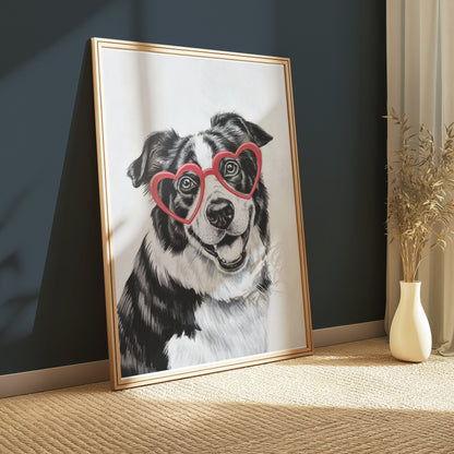 Premium Poster of Black and White Dog With Heart Glasses Art Posters