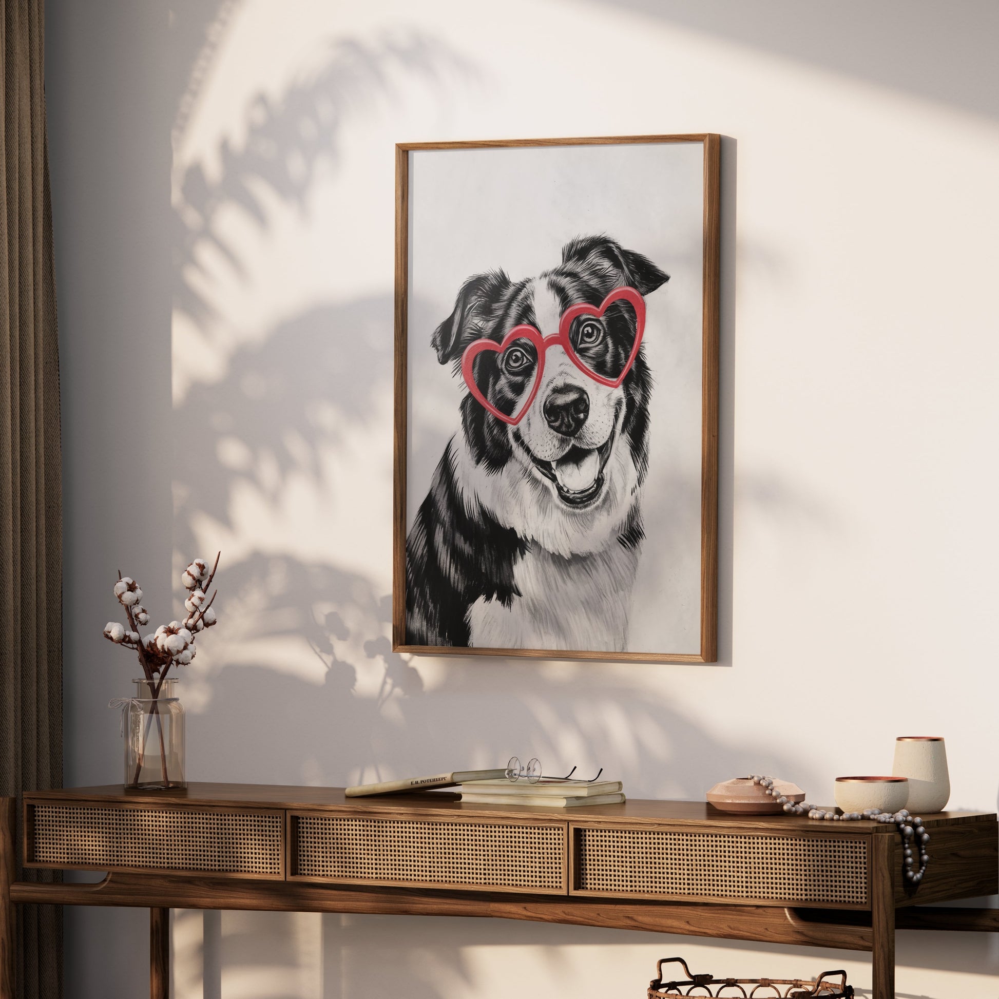 Premium Poster of Black and White Dog With Heart Glasses Art Posters