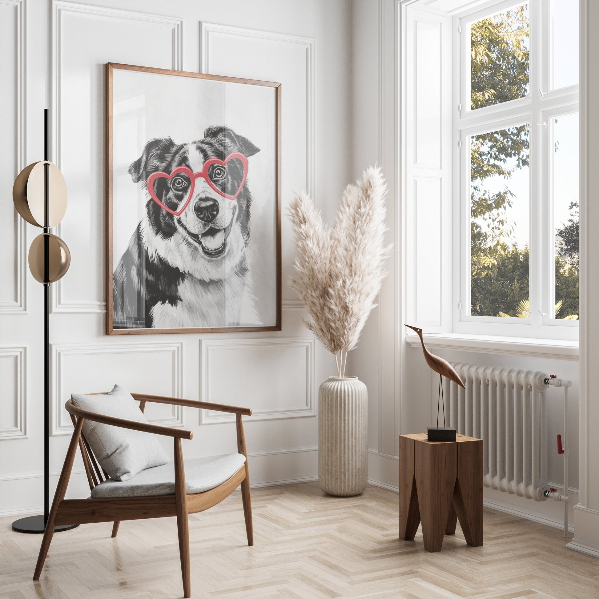 Premium Poster of Black and White Dog With Heart Glasses Art Posters