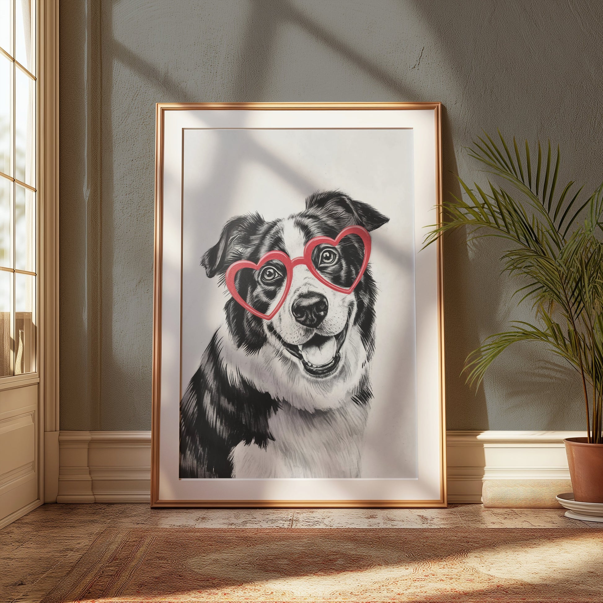 Premium Poster of Black and White Dog With Heart Glasses Art Posters
