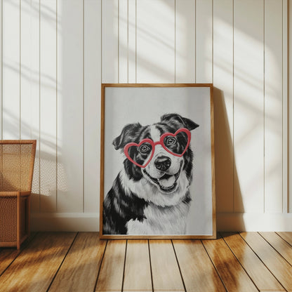 Premium Poster of Black and White Dog With Heart Glasses Art Posters
