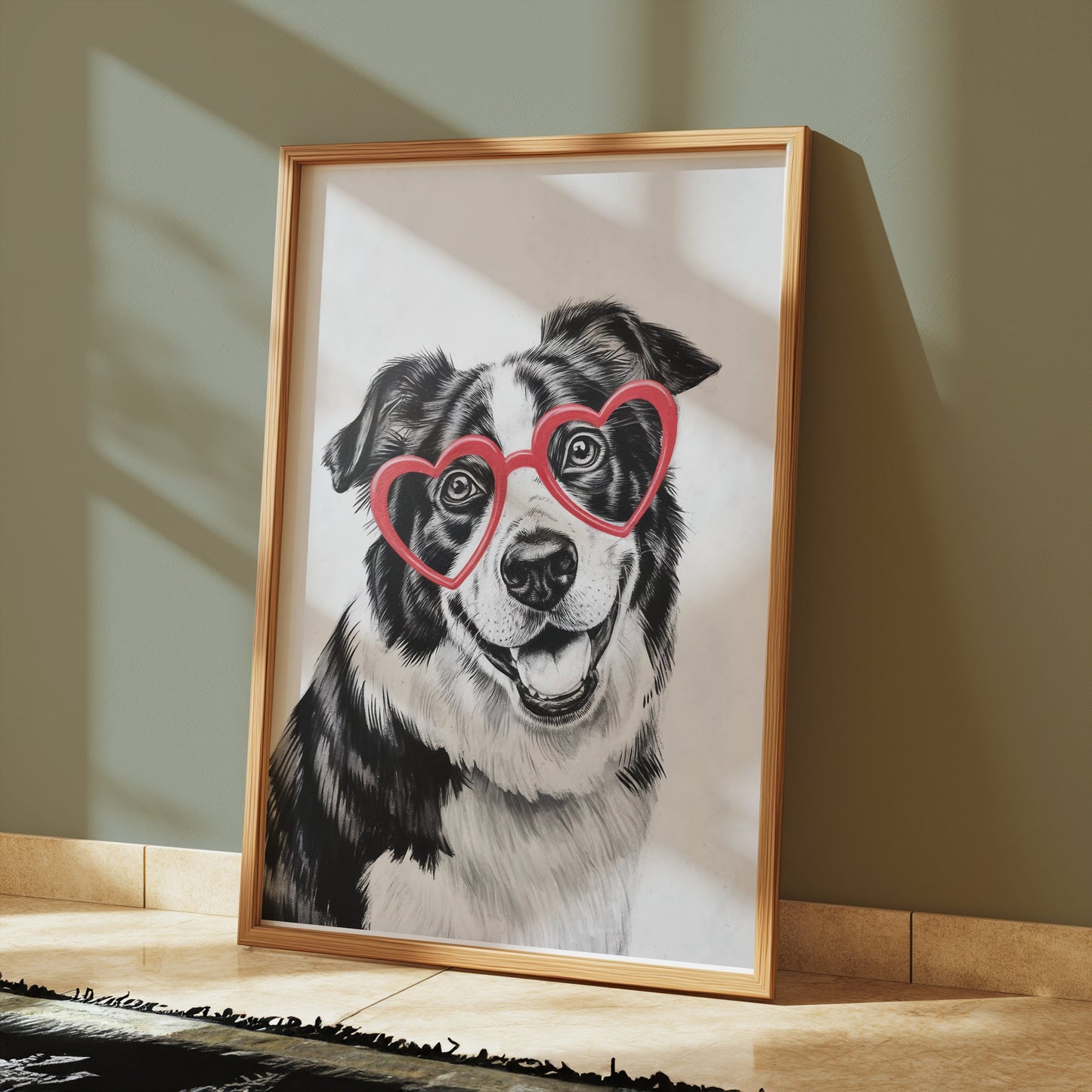 Premium Poster of Black and White Dog With Heart Glasses Art Posters