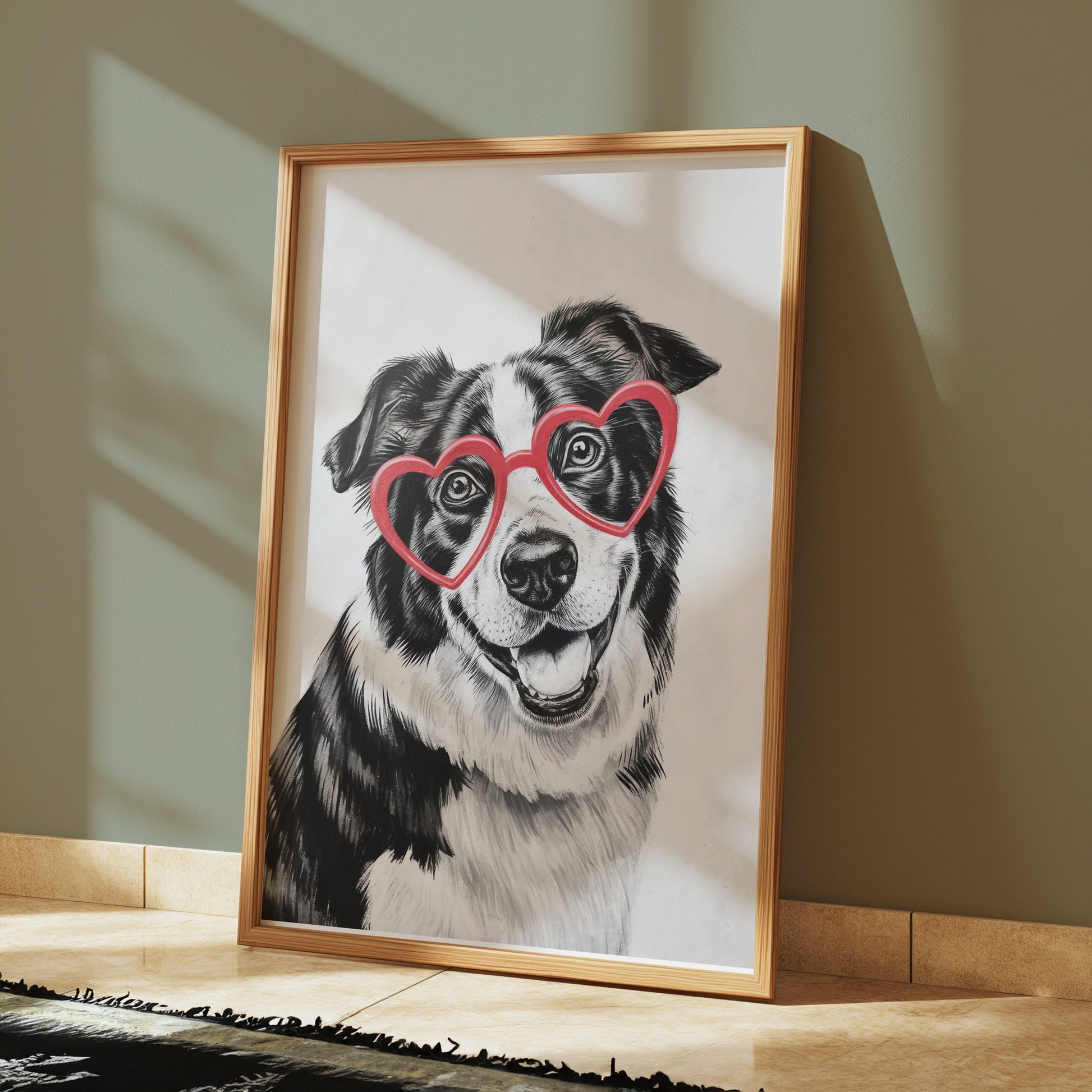 Premium Poster of Black and White Dog With Heart Glasses Art Posters