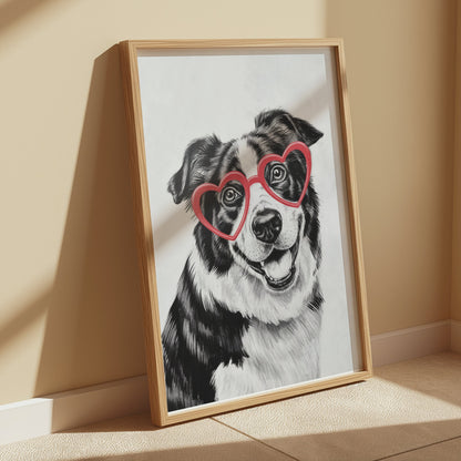 Premium Poster of Black and White Dog With Heart Glasses Art Posters