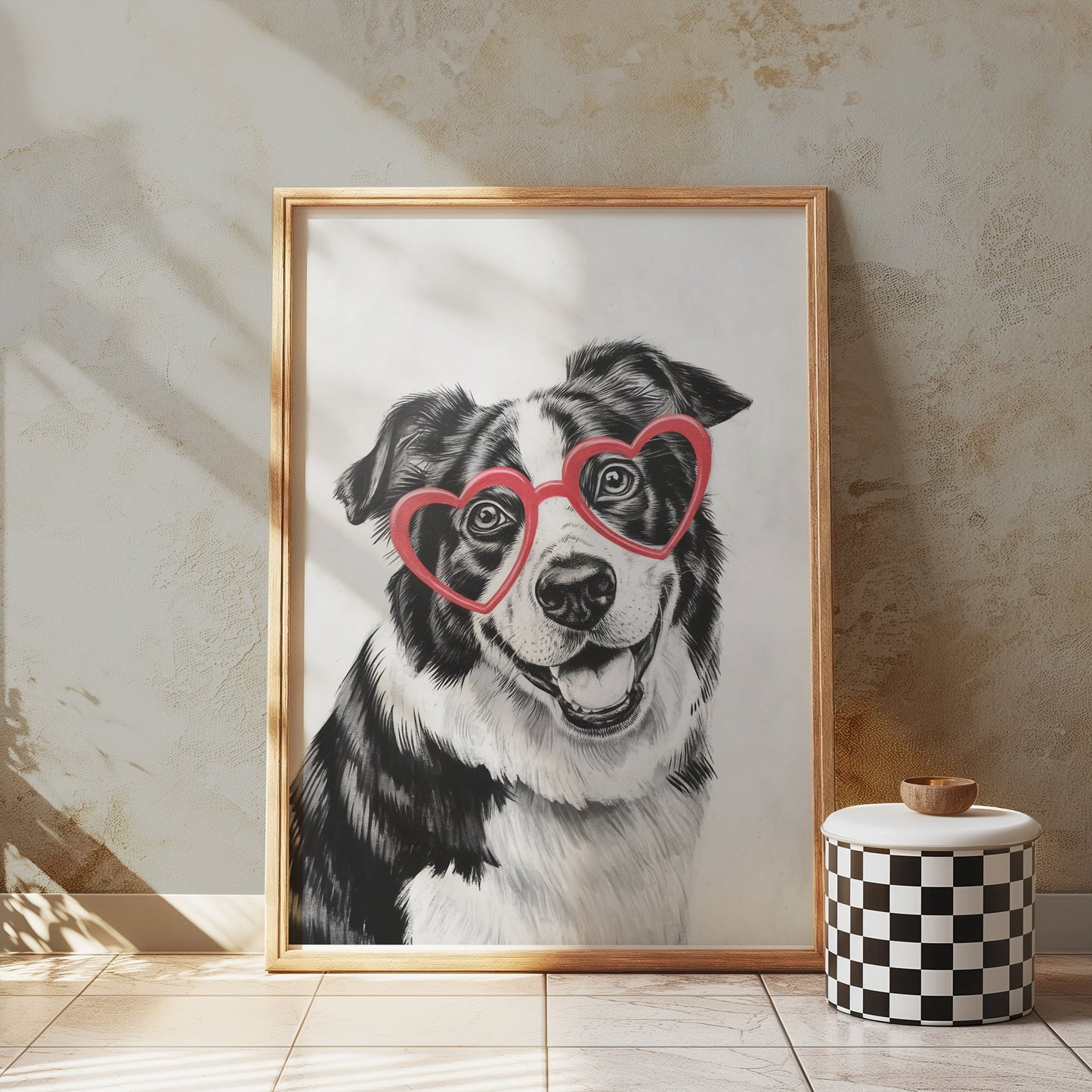 Premium Poster of Black and White Dog With Heart Glasses Art Posters