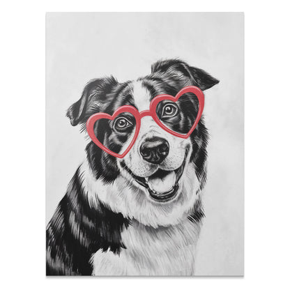 Premium Poster of Black and White Dog With Heart Glasses Art Posters