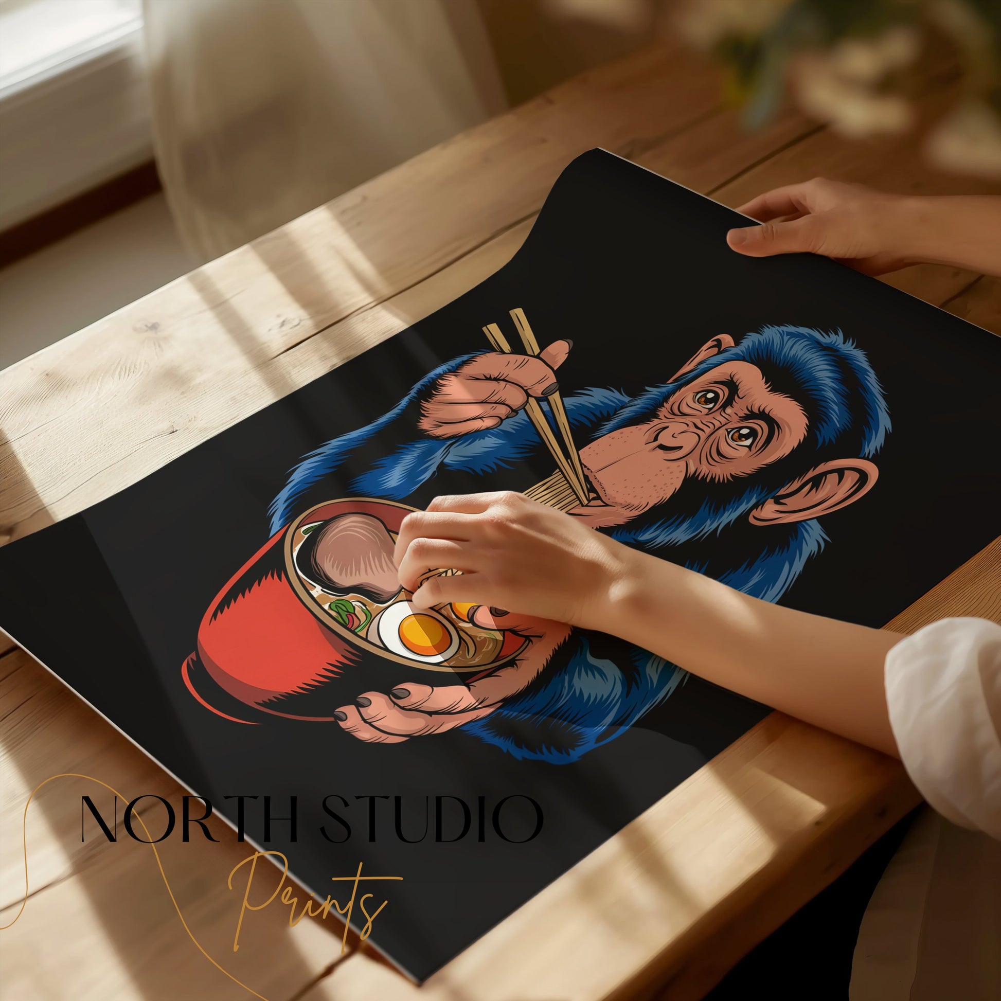 Premium Poster of Blue Monkey Eating Ramen Unique Art Posters