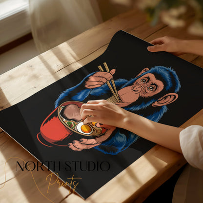 Premium Poster of Blue Monkey Eating Ramen Unique Art Posters