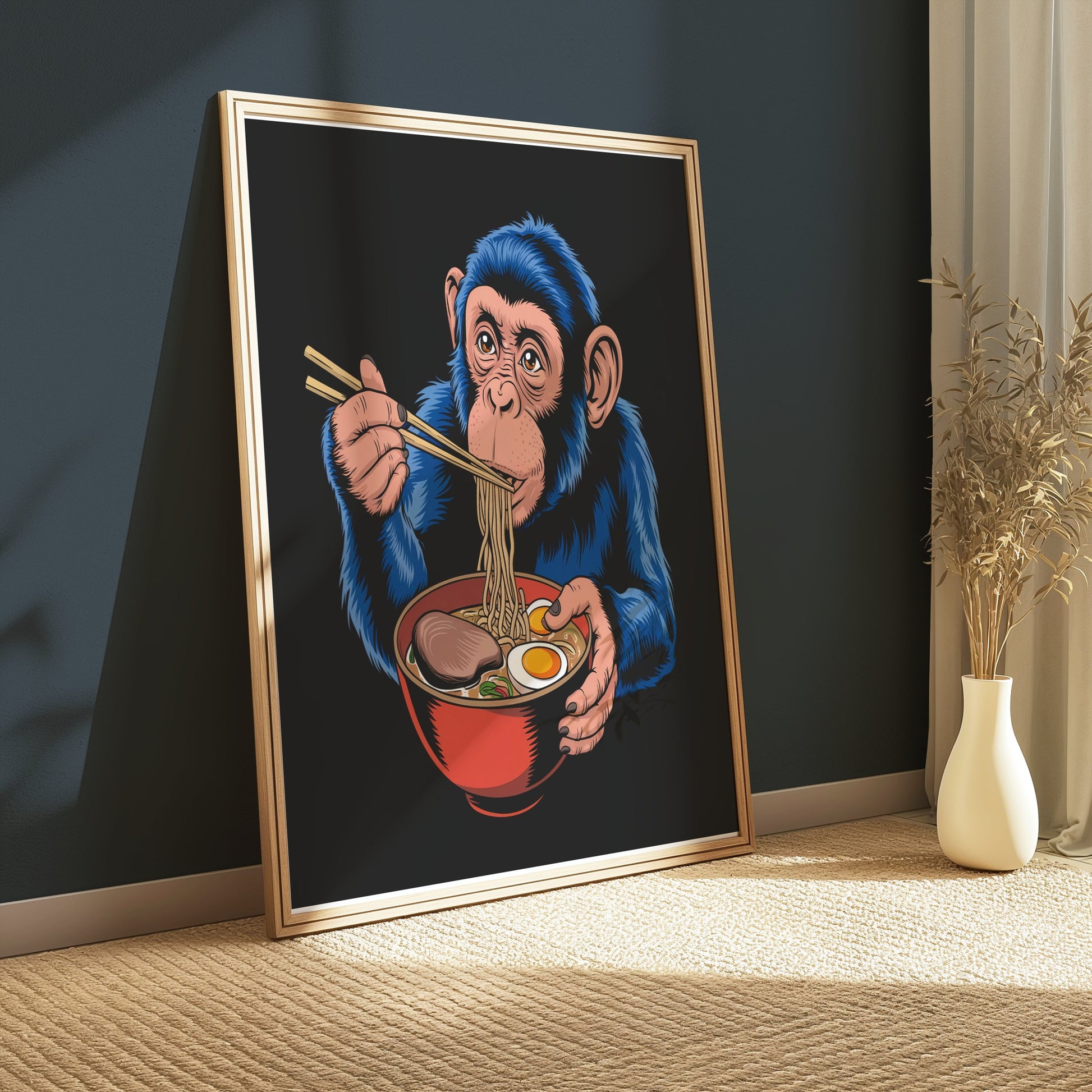 Premium Poster of Blue Monkey Eating Ramen Unique Art Posters