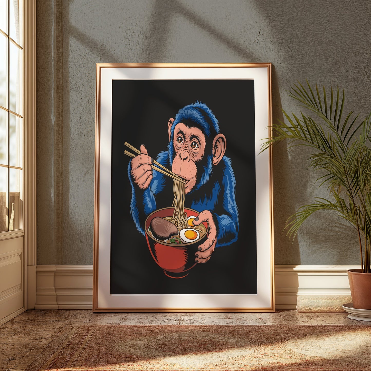 Premium Poster of Blue Monkey Eating Ramen Unique Art Posters