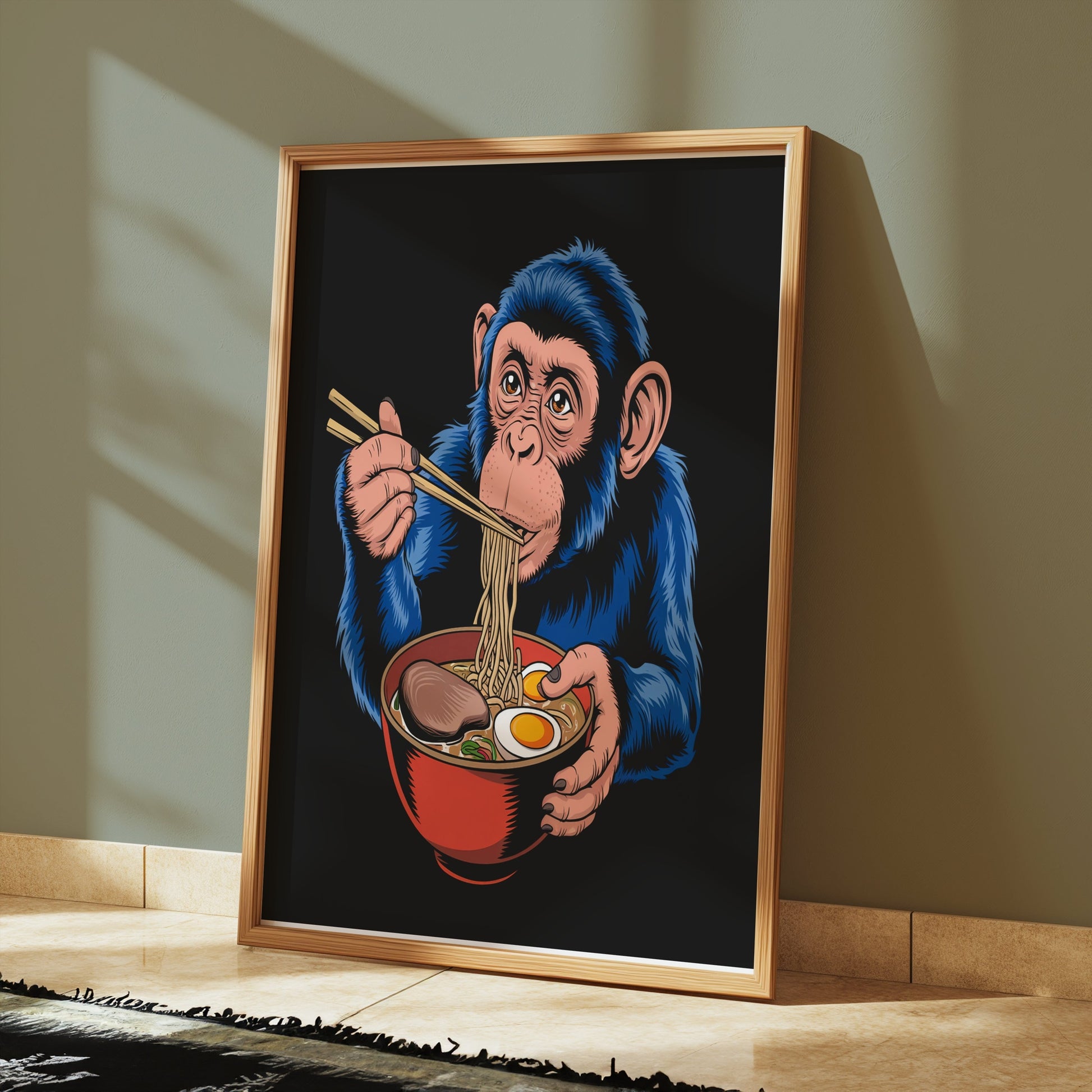 Premium Poster of Blue Monkey Eating Ramen Unique Art Posters
