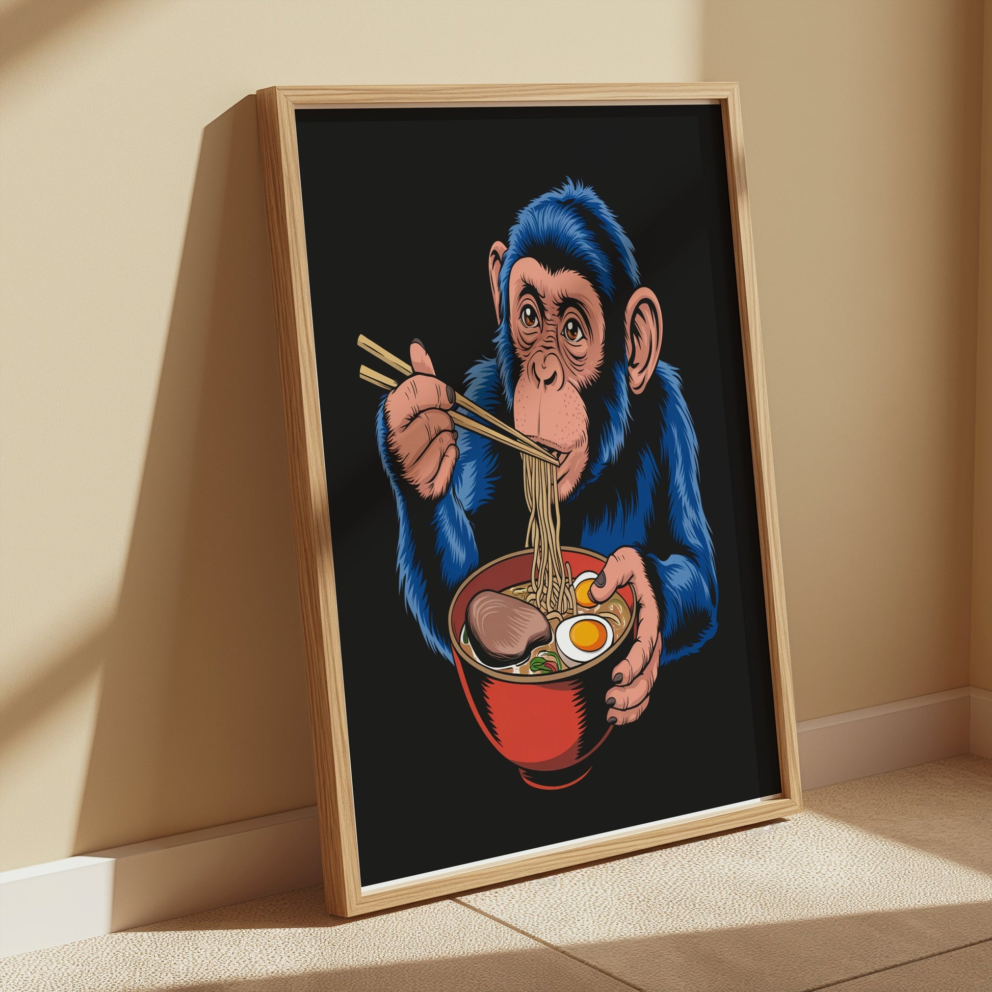 Premium Poster of Blue Monkey Eating Ramen Unique Art Posters