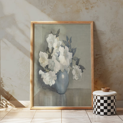 Premium Poster of Blue Vase with White Flowers Art Posters