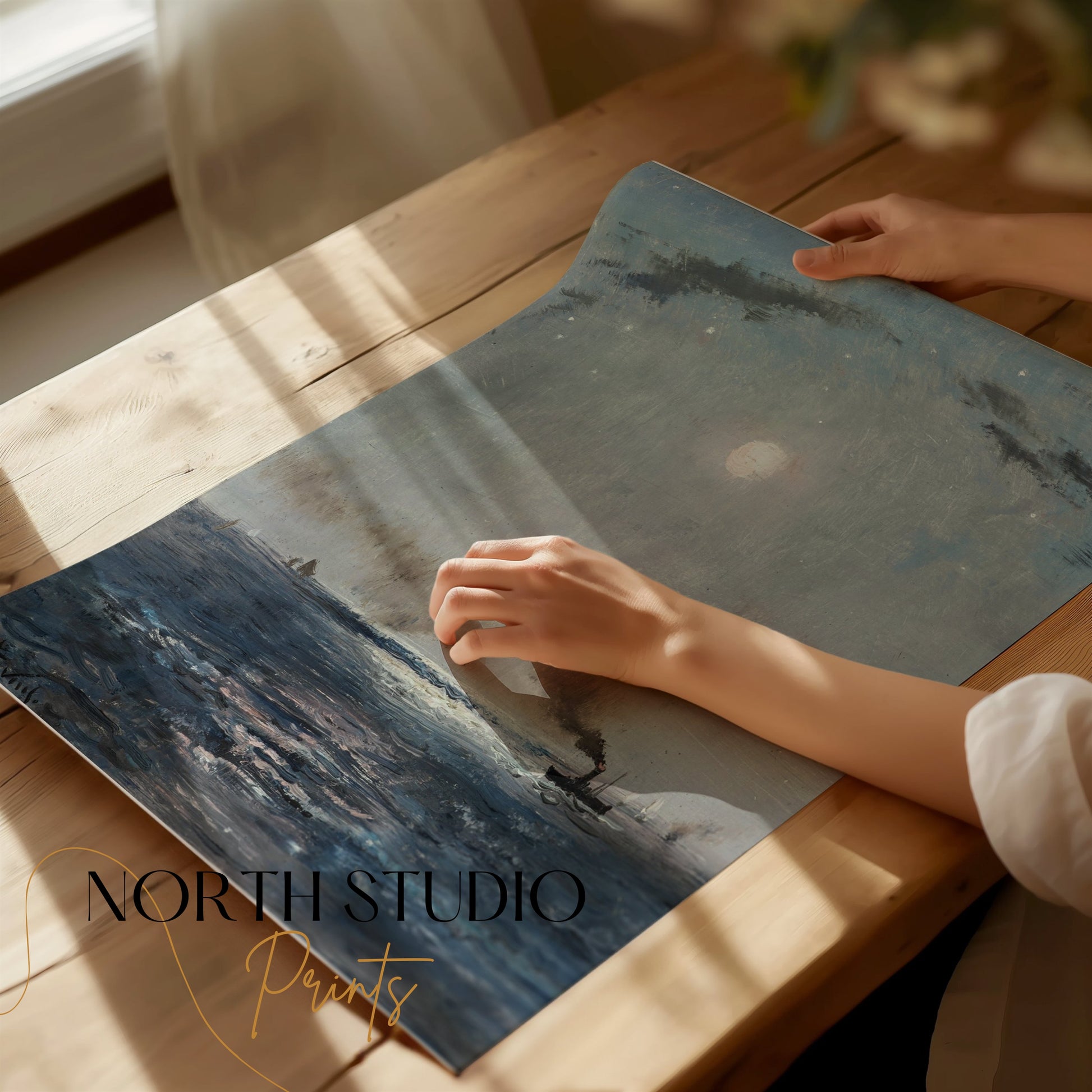 Premium Poster of Boats on the Ocean at Night with Full Moon Posters