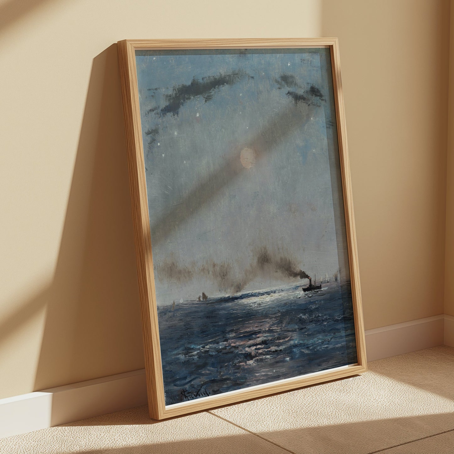 Premium Poster of Boats on the Ocean at Night with Full Moon Posters
