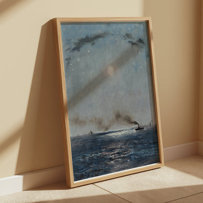 Premium Poster of Boats on the Ocean at Night with Full Moon Posters