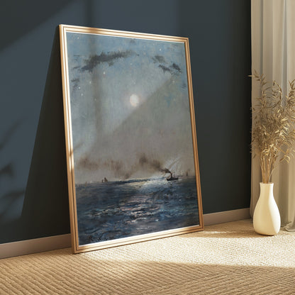 Premium Poster of Boats on the Ocean at Night with Full Moon Posters