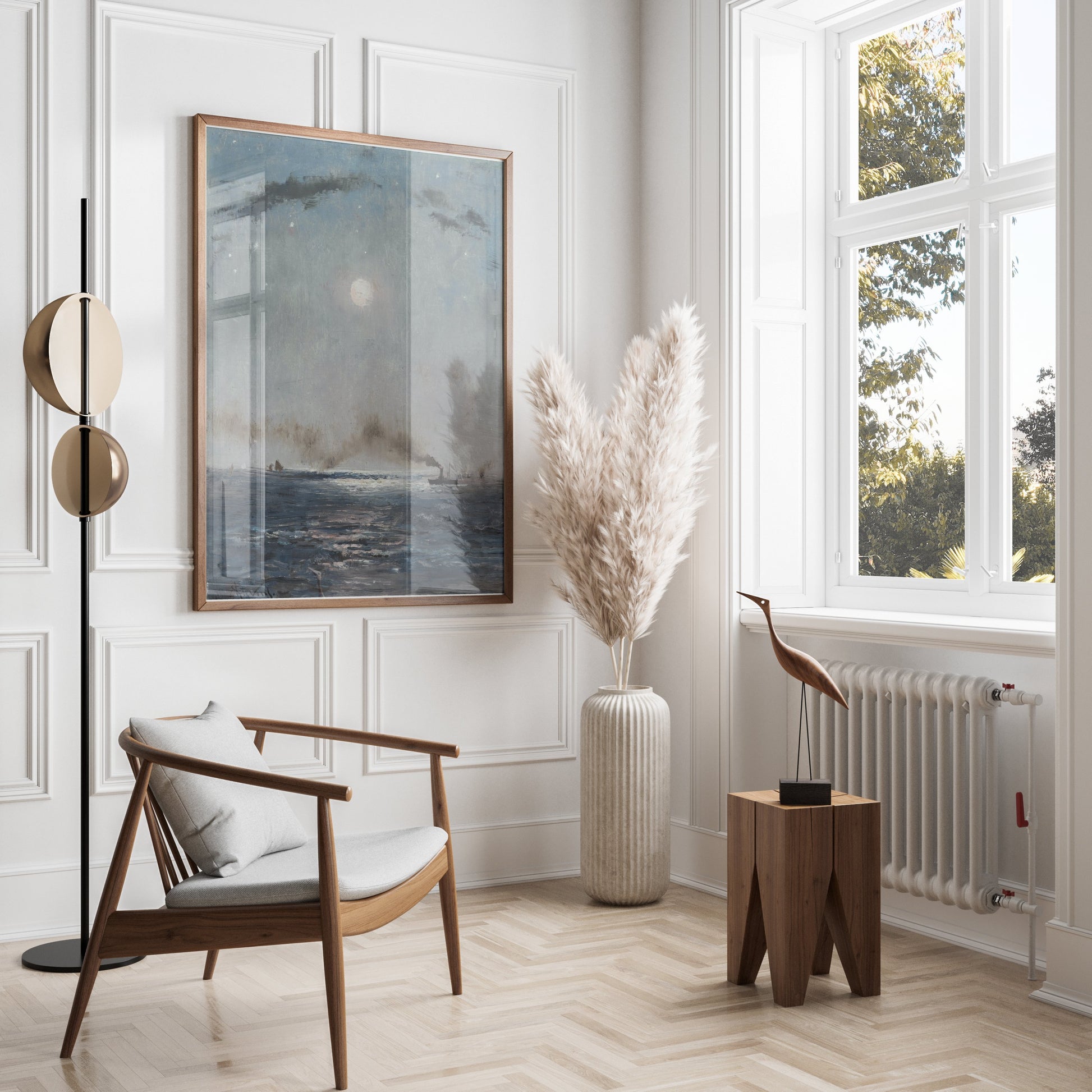 Premium Poster of Boats on the Ocean at Night with Full Moon Posters