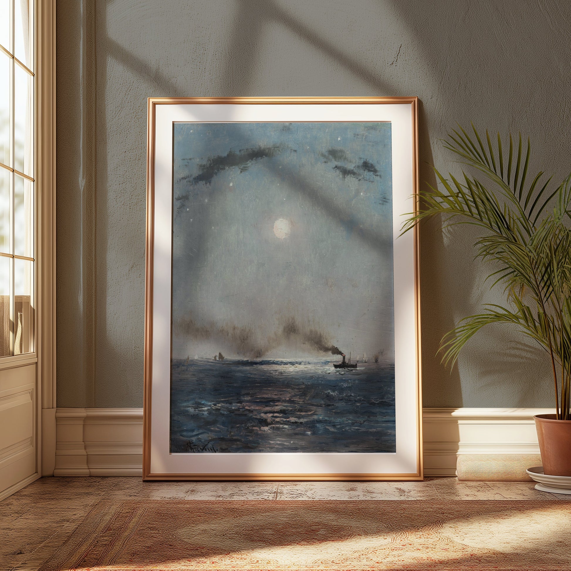 Premium Poster of Boats on the Ocean at Night with Full Moon Posters