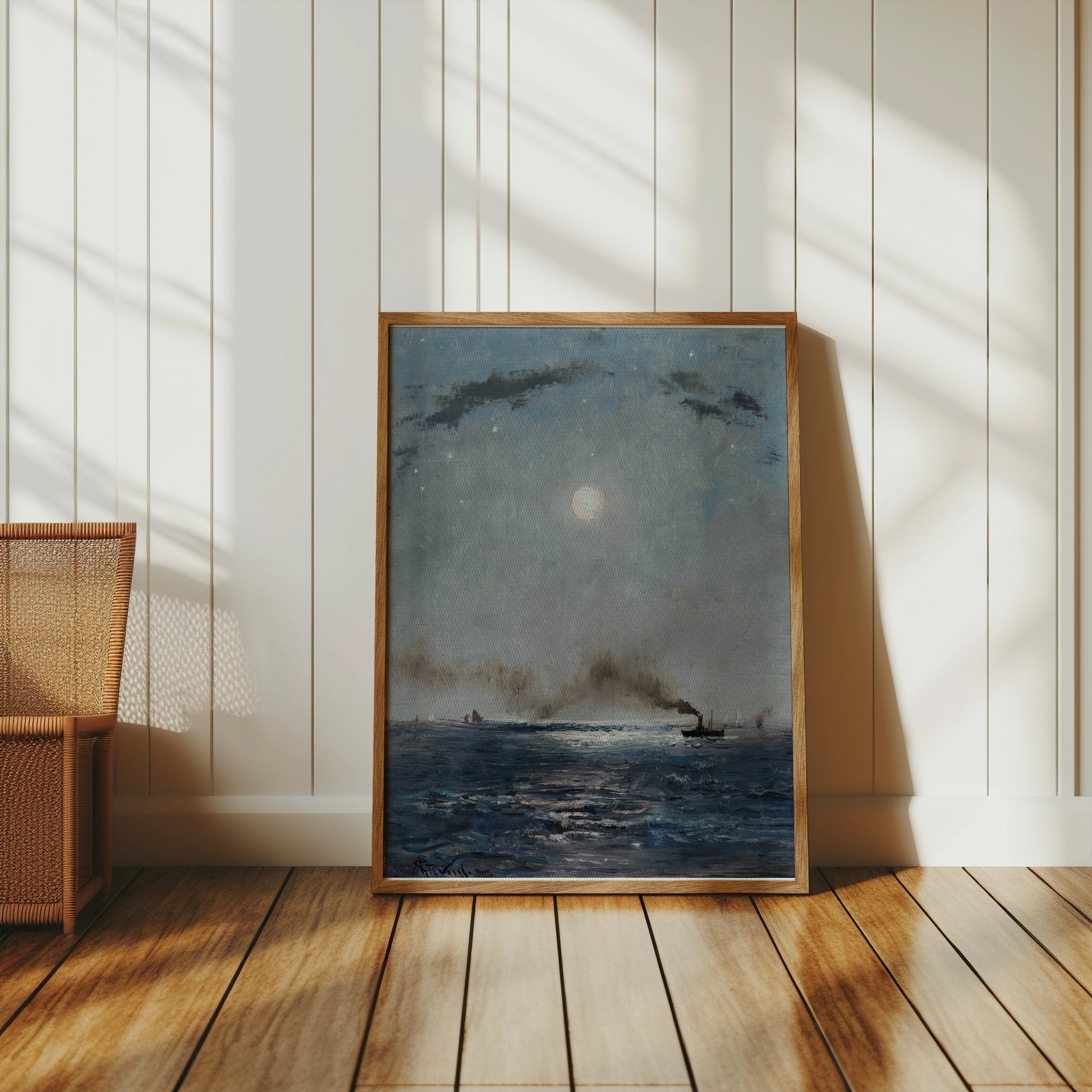 Premium Poster of Boats on the Ocean at Night with Full Moon Posters