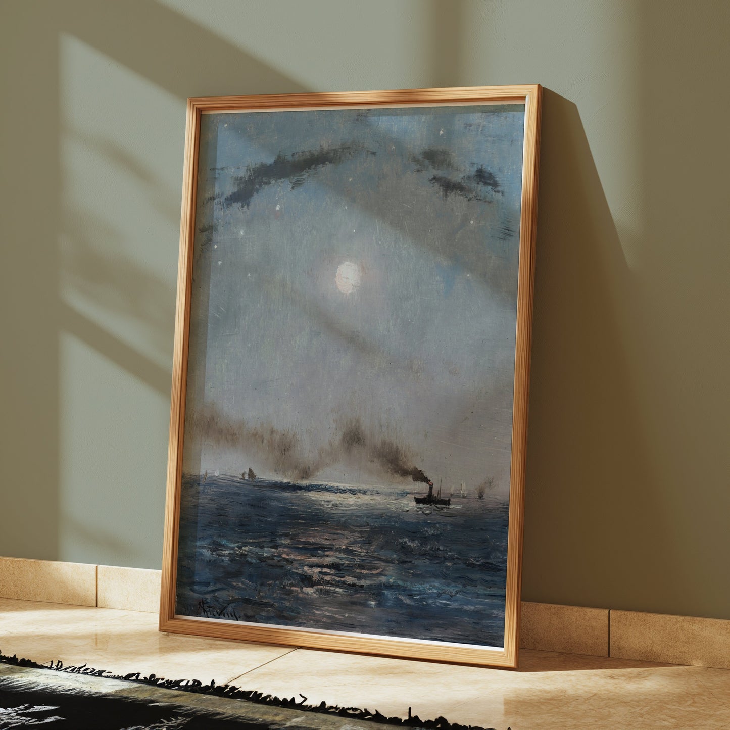 Premium Poster of Boats on the Ocean at Night with Full Moon Posters