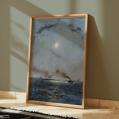 Premium Poster of Boats on the Ocean at Night with Full Moon Posters