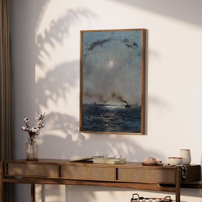 Premium Poster of Boats on the Ocean at Night with Full Moon Posters
