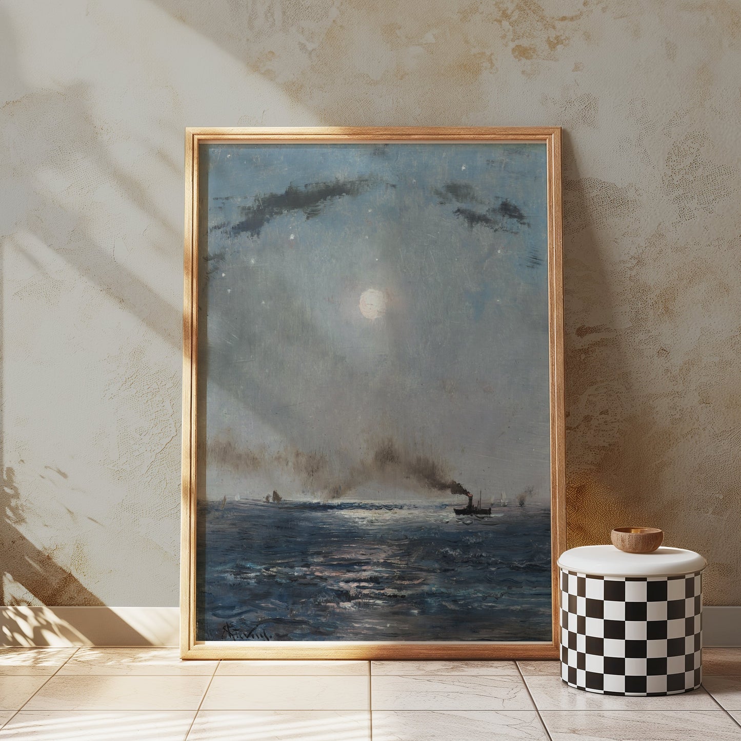 Premium Poster of Boats on the Ocean at Night with Full Moon Posters