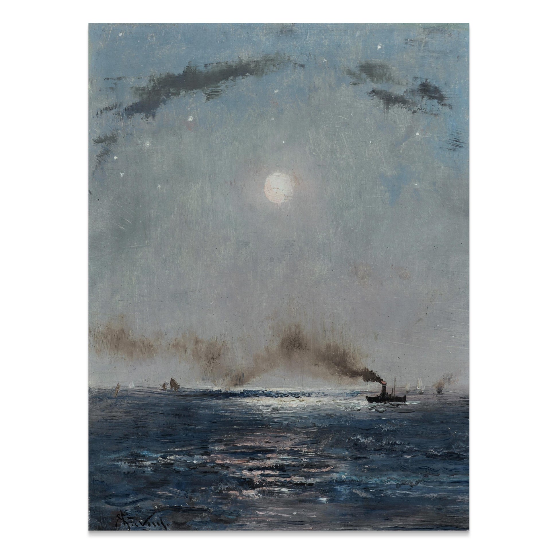 Premium Poster of Boats on the Ocean at Night with Full Moon Posters