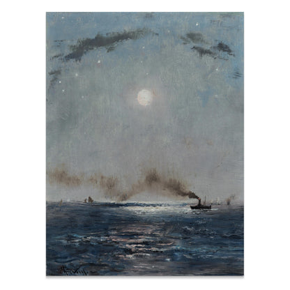 Premium Poster of Boats on the Ocean at Night with Full Moon Posters
