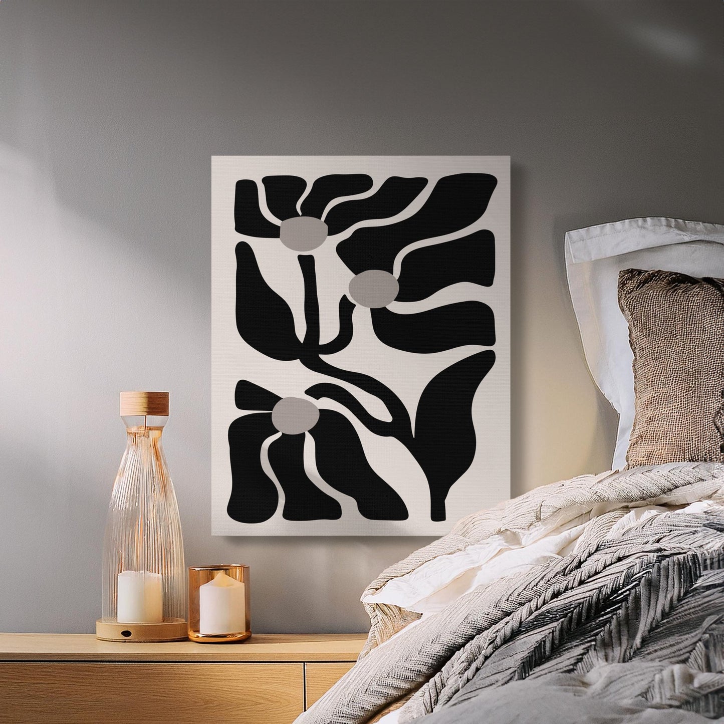 Premium Poster of Bold Abstract Floral Wall Art Black and Beige Canvas Wraps