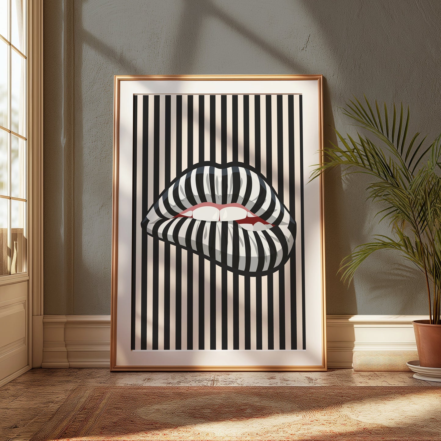 Premium Poster of Bold Striped Lips Art Vertical Black and White Posters