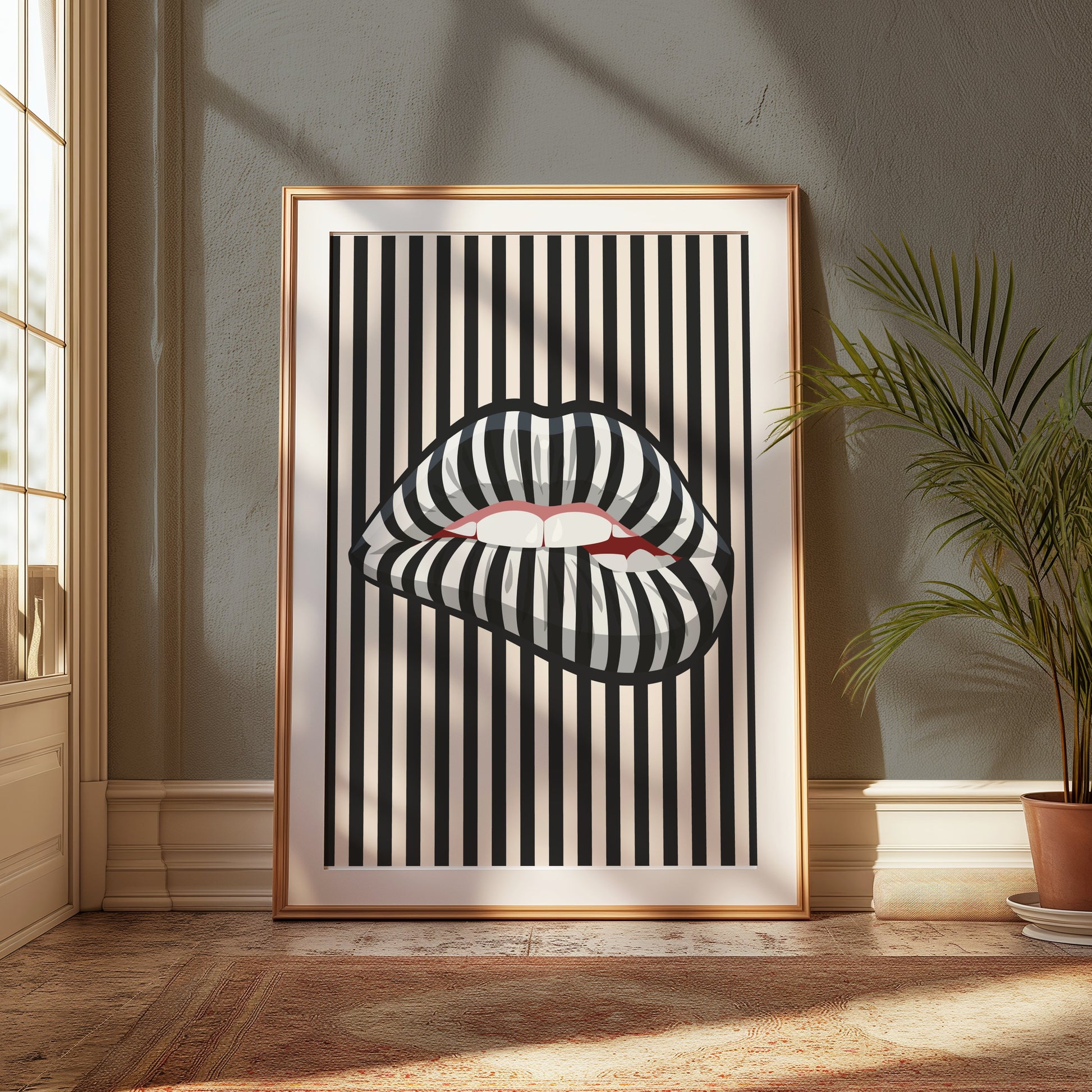 Premium Poster of Bold Striped Lips Art Vertical Black and White Posters