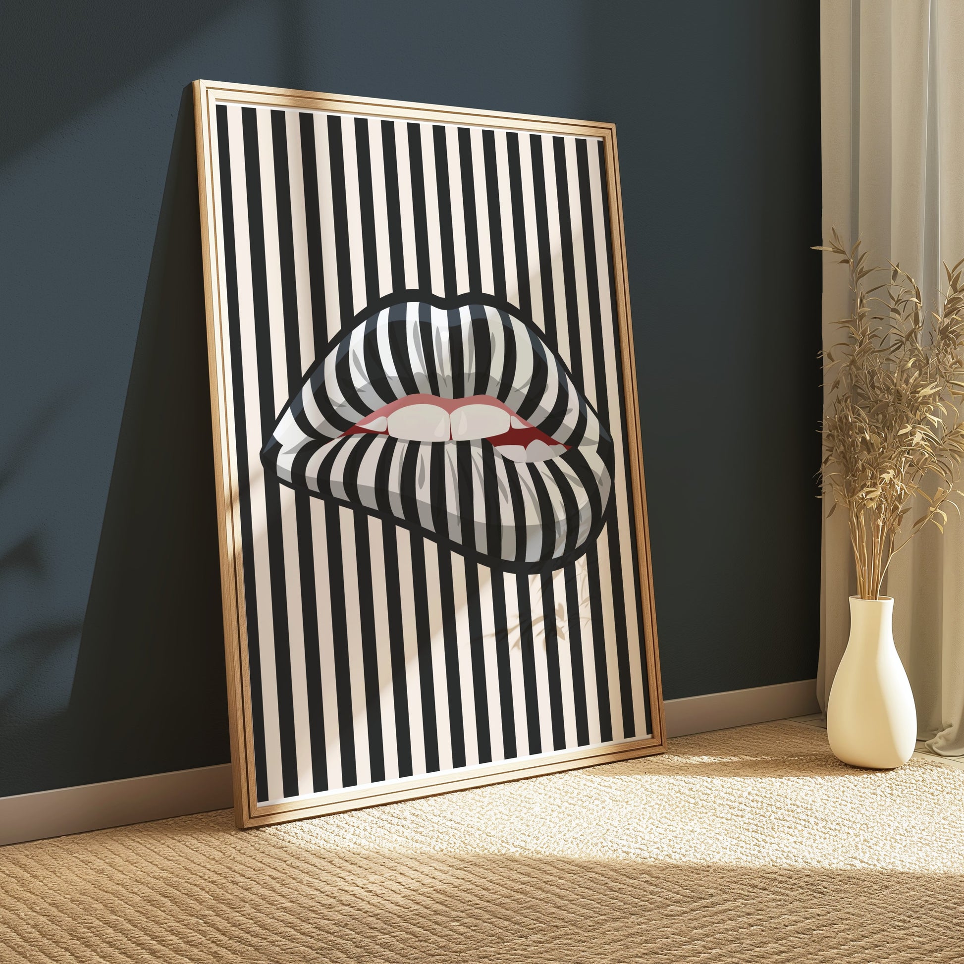 Premium Poster of Bold Striped Lips Art Vertical Black and White Posters