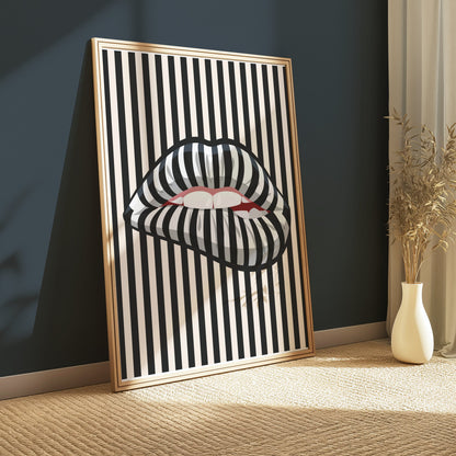 Premium Poster of Bold Striped Lips Art Vertical Black and White Posters