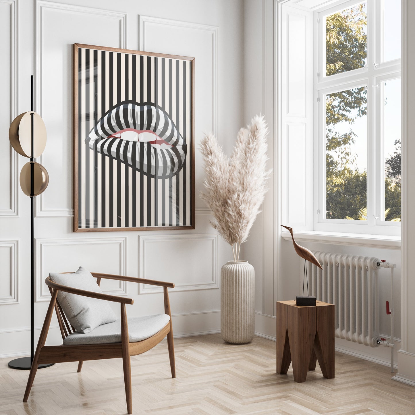 Premium Poster of Bold Striped Lips Art Vertical Black and White Posters
