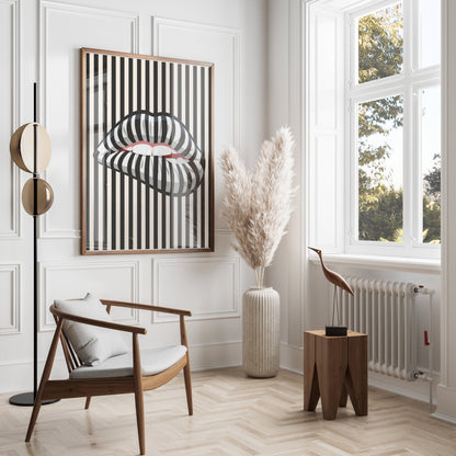 Premium Poster of Bold Striped Lips Art Vertical Black and White Posters