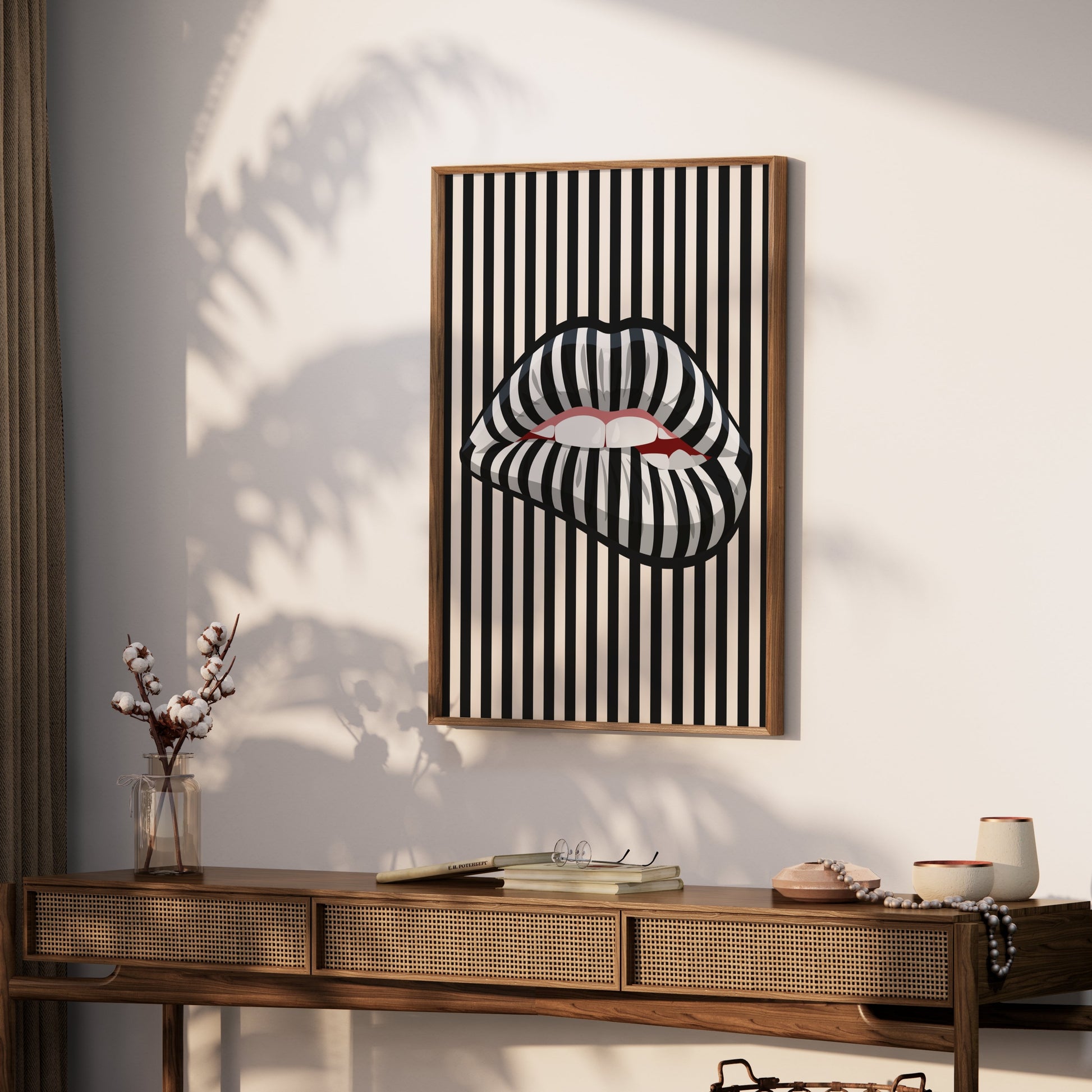 Premium Poster of Bold Striped Lips Art Vertical Black and White Posters
