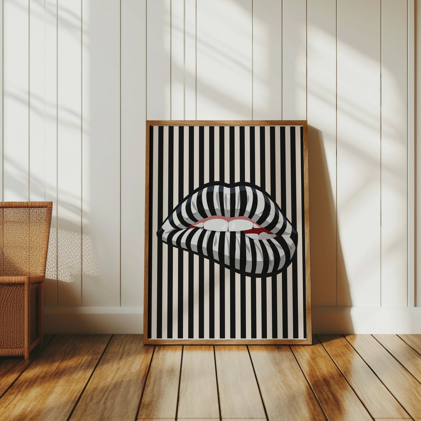 Premium Poster of Bold Striped Lips Art Vertical Black and White Posters