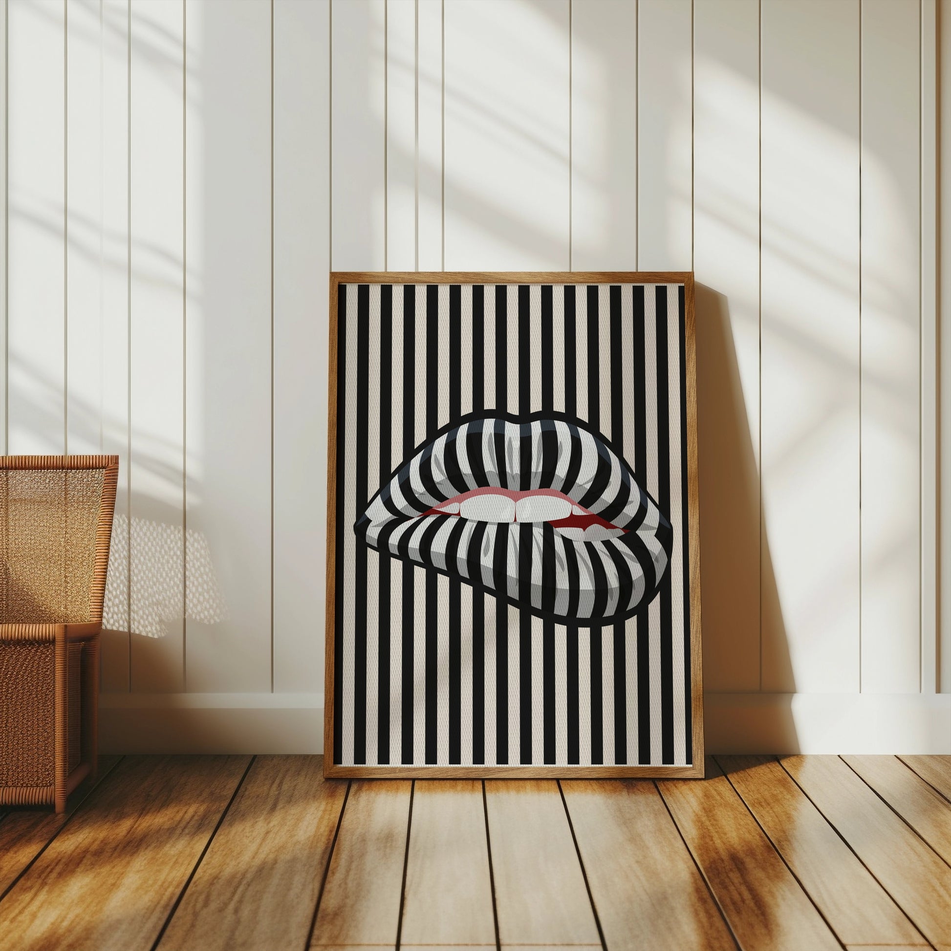 Premium Poster of Bold Striped Lips Art Vertical Black and White Posters