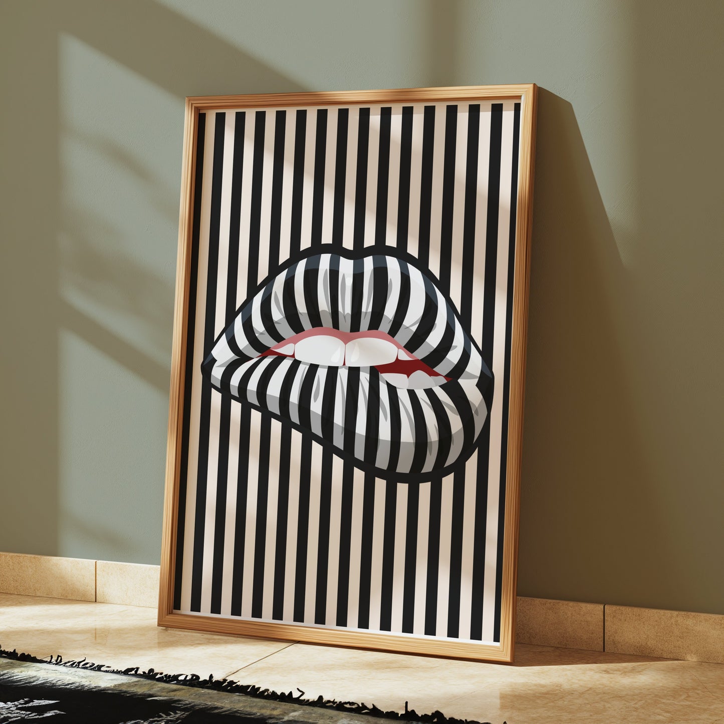 Premium Poster of Bold Striped Lips Art Vertical Black and White Posters