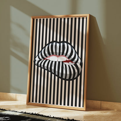 Premium Poster of Bold Striped Lips Art Vertical Black and White Posters