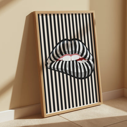 Premium Poster of Bold Striped Lips Art Vertical Black and White Posters