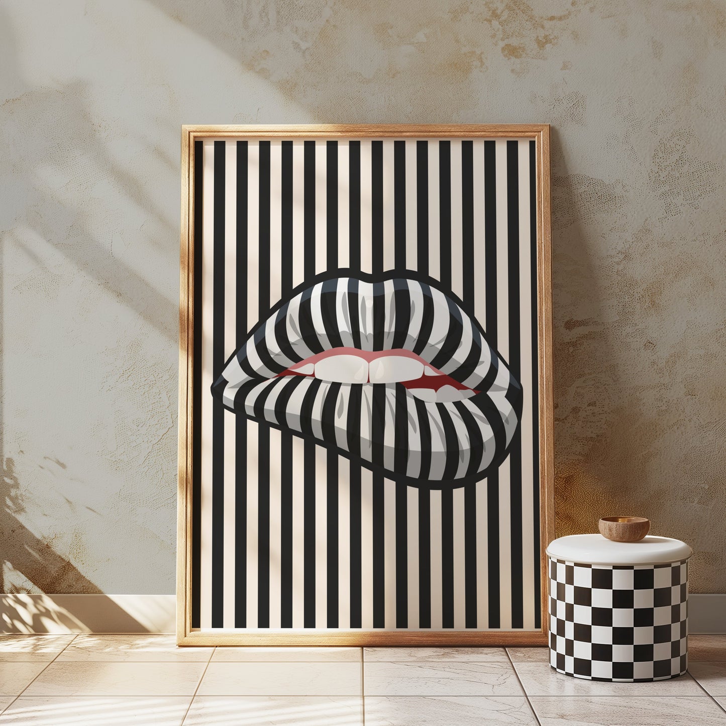 Premium Poster of Bold Striped Lips Art Vertical Black and White Posters