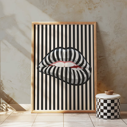 Premium Poster of Bold Striped Lips Art Vertical Black and White Posters
