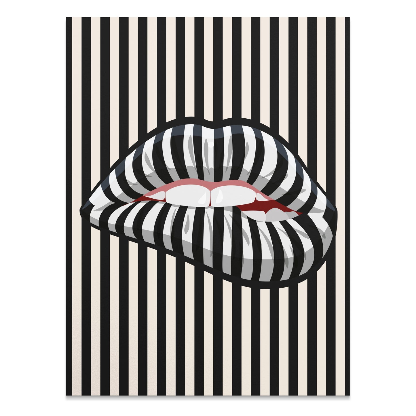 Premium Poster of Bold Striped Lips Art Vertical Black and White Posters