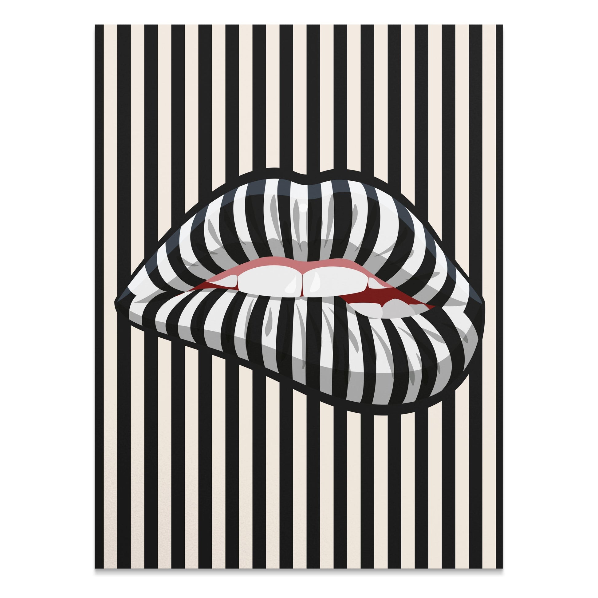 Premium Poster of Bold Striped Lips Art Vertical Black and White Posters
