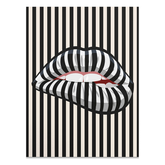 Premium Poster of Bold Striped Lips Art Vertical Black and White Posters